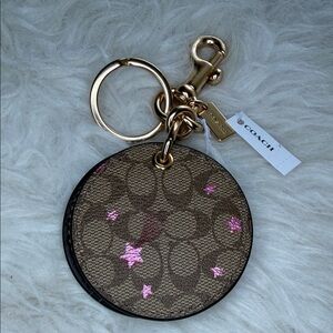 Coach NWT authentic leather keychain or bag charm mirror if open brown with pink